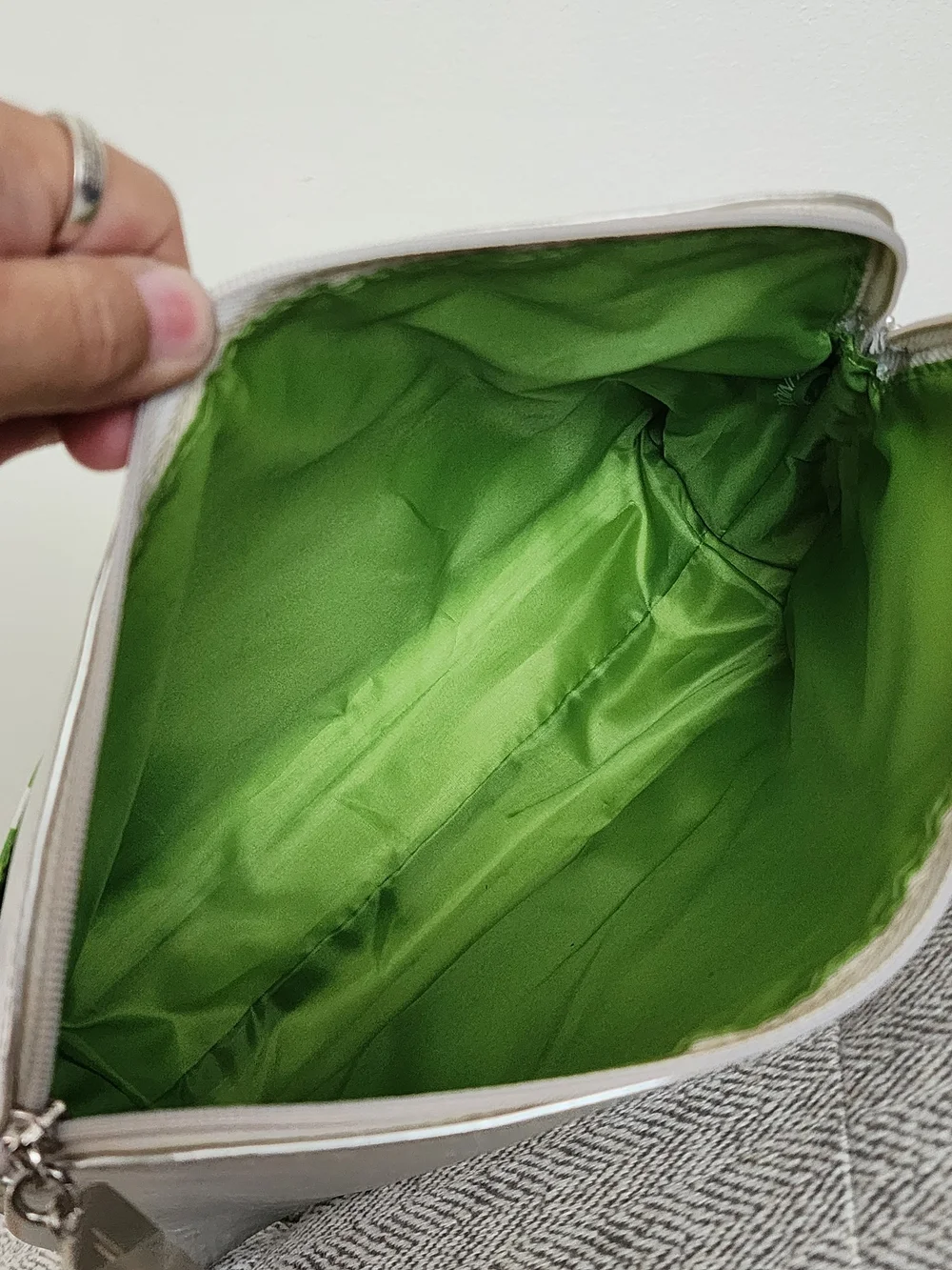 NWT Clinique Silver Metallic Large Cosmetic Pouch with Green Geometric Accent